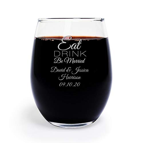 Eat Drink Be Married 9 oz Personalized Stemless Wine Glass, Case of 72 Wine Glass Wedding Favors Silver Printed, Bride to Be Bachelor Party