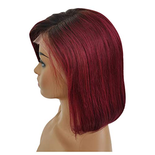 13x6 Lace Front Wigs Ombre Human Hair Balayage Short Straight Bob Wig Natural Balck to Dark Wine Color for Black Women