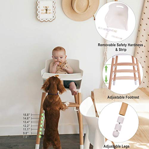 FUNNY SUPPLY Wooden Baby High Chair with Removable Tray Adjustable Footrest and Legs Grows with Your Child White