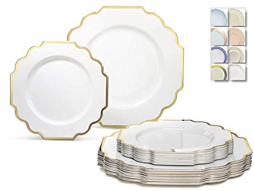 " OCCASIONS " 240 Plates Pack,(120 Guests) Heavyweight Wedding Party Disposable Plastic Plates Set -120 x 10.5'' Dinner + 120 x 8'' Salad / Dessert Plate (Imperial White and Gold)