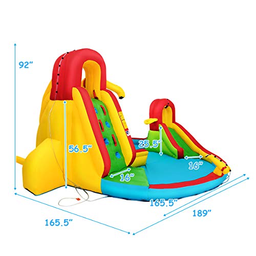 Costzon Inflatable Bounce House 7 in 1 Mighty Pool Slide Kids Bouncer with Climbing Wall, Basketball Rim, Splash Pool, Water Cannon