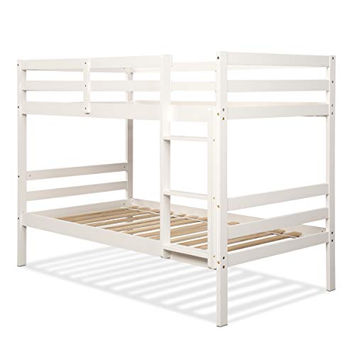 Costzon Twin Bunk Bed, Solid Hardwood with Ladder and Safety Rail, (White)