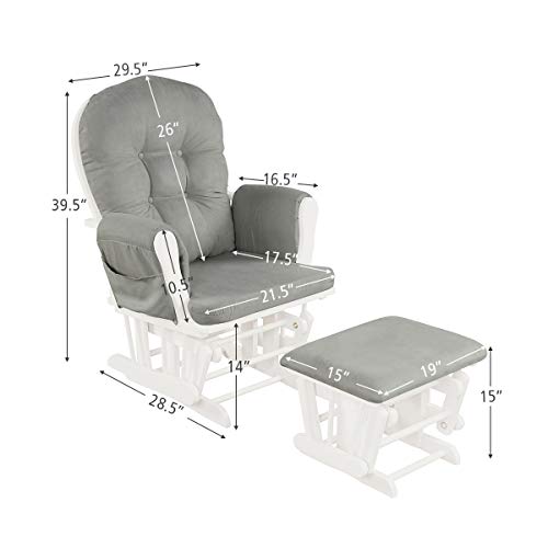 Costzon Baby Glider and Ottoman Cushion Set, Wood Baby Rocker Nursery Furniture, Upholstered Comfort Nursery Chair & Ottoman with Padded Arms (Light Gray)