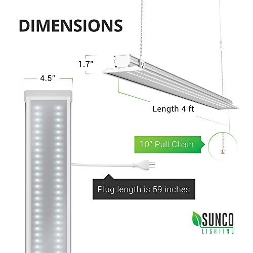 Sunco Lighting 12 Pack Flat LED Shop Light, 4 FT, Linkable Double Integrated LED, 40W=300W, 5000K Daylight, 4500 LM, Clear Lens, Plug in, Suspension Mount, Pull Chain, Garage - ETL, Energy Star