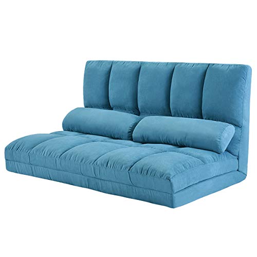 Adjustable Floor Couch and Sofa for Living Room and Bedroom, Foldable 5 Reclining Position with 2 Pillows, Love seat, Blue