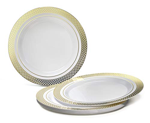 " OCCASIONS" 960pcs set (120 Guests)-Heavyweight Wedding Party Disposable Plastic Plate Set -120x10.5'' + 120x7.5''+Silverware+Cups+linen like paper Napkins (Celebration white & Gold)