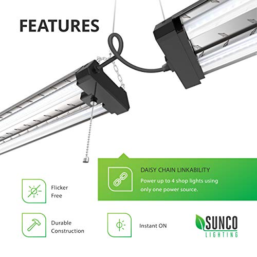 Sunco Lighting 10 Pack Industrial LED Shop Light, 4 FT, Linkable Integrated Fixture, 40W=260W, 5000K Daylight, 4000 LM, Surface + Suspension Mount, Pull Chain, Utility Light, Garage- Energy Star