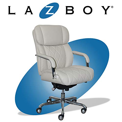 La-Z-Boy Sutherland Quilted Leather Executive Office Chair with Padded Arms, High Back Ergonomic Desk Chair with Lumbar Support, Ivory White Bonded Leather