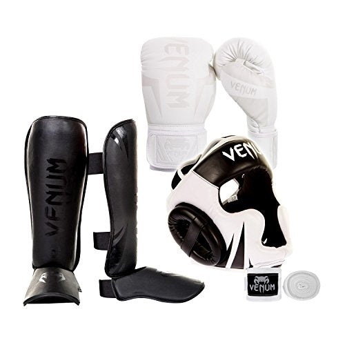 Venum Elite Challenger 2.0 Boxing Gloves Kit - White/White Gloves, Black/Black Shinguards, Black/White Headgear, White Handwraps - 12-Ounce Gloves, X-Large Shinguards