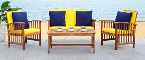 Safavieh PAT7007D Collection Rocklin Teak Look and Yellow 4 Pc Outdoor Set, Natural