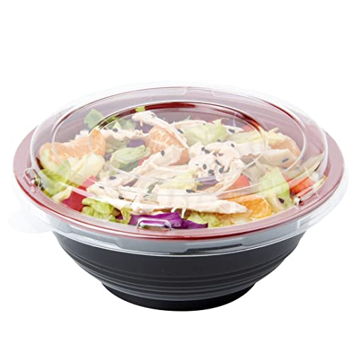 18 Ounce Plastic Food Bowls, 200 With Lid Disposable Food Containers - Mircowave-Safe, BPA-Free, Black And Red Plastic To Go Bowls, Disposable - Restaurantware