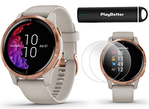 Garmin Venu (Light Sand/Rose Gold) Power Bundle - Fitness GPS Smartwatch