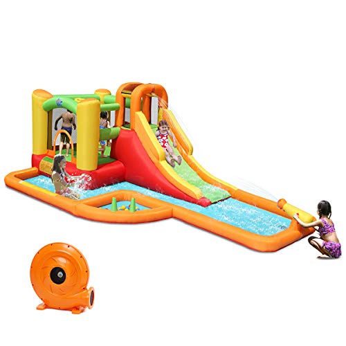 Costzon Inflatable Slide Bouncer, Bounce House with Climbing Wall, Jump Area, Basketball Hoop, Splash Pool