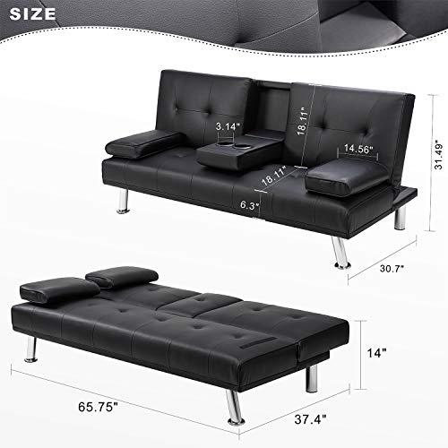 Walsunny Modern Faux Leather Couch, Convertible Futon Sofa Bed for Living Room with Armrest & Fold Up & Down Recliner Couch with Cup Holders(Black)