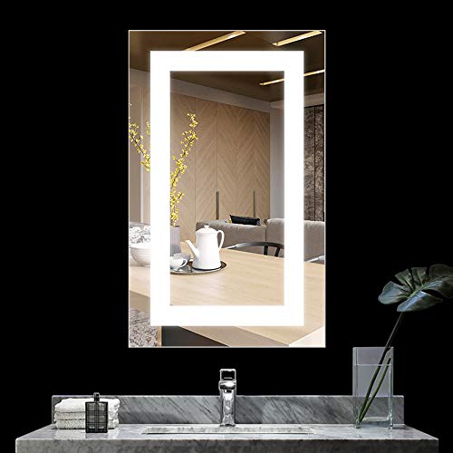 Led Bathroom Mirror Lighted Backlit Wall Mounted Square Mirror with Defogger Button Very Light White Color Vanity Mirror