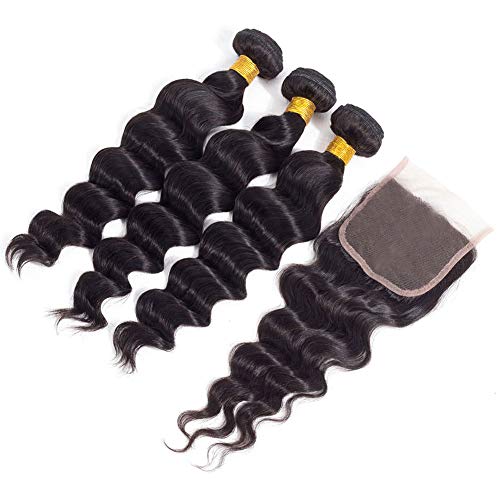 10A Brazilian Virgin Hair Loose Wave 3 Bundles with Closure (16 18 20+14"Closure) Brazilian Human Hair Bundles with Closure 100% Unprocessed Virgin Remy Hair Bundles with Lace Closure Natural Color