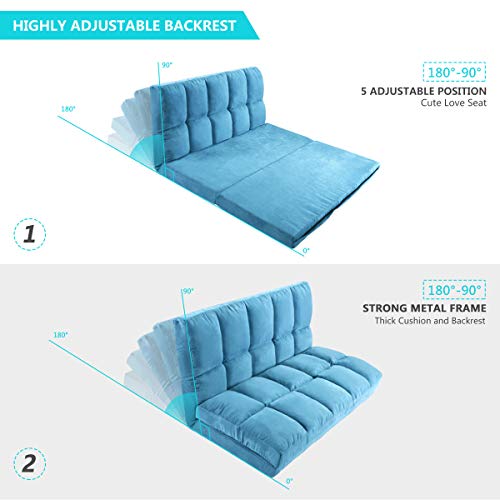 Adjustable Floor Couch and Sofa for Living Room and Bedroom, Foldable 5 Reclining Position with 2 Pillows, Love seat, Blue