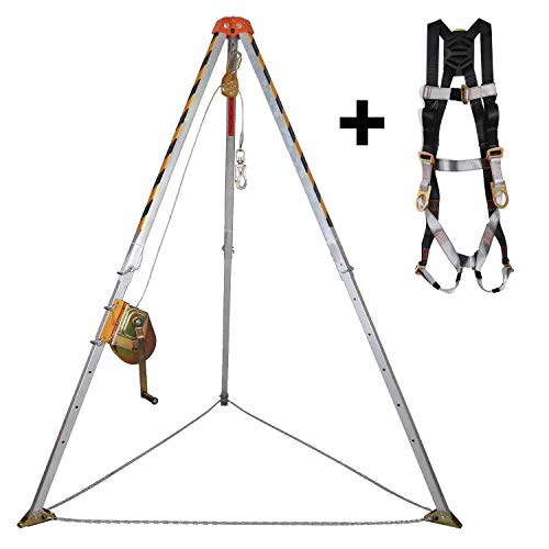 KSEIBI 423990 Aluminum Confined Space Tripod Kit Manhole Entry and Rescue Equipment Set with 65' Winch, Pulley, Carabiner, Fall Protection Safety Harness and Carrying Storage Bag