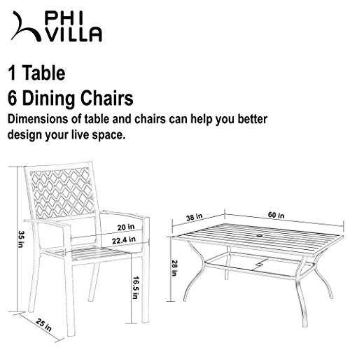 PHI VILLA Outdoor Patio Dining Set of 7 with Metal 60"x38" Rectangular Dining Table and Bistro Chairs - Black