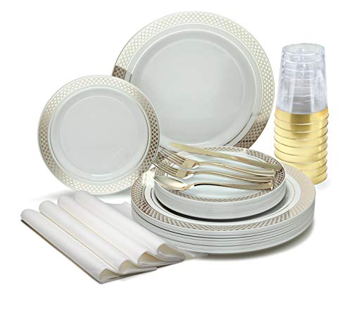 " OCCASIONS" 960pcs set (120 Guests)-Heavyweight Wedding Party Disposable Plastic Plate Set -120x10.5'' + 120x7.5''+Silverware+Cups+linen like paper Napkins (Celebration white & Gold)