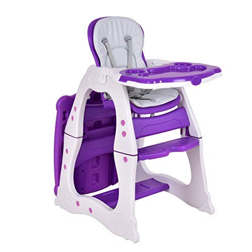 HONEY JOY Baby High Chair, 4-in-1 Convertible Baby Highchair/Booster Seat/Toddler Recliner Chair/Table and Chair Set, Footrest & Safety Harness, 3-Position Adjustable Feeding Tray for Infants(Purple)