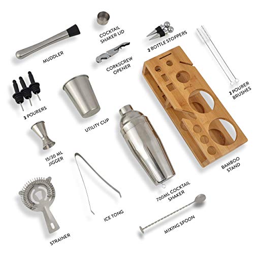 20 Piece Cocktail Shaker Bartender Kit: hIGH Quality Stainless Steel Bar Tools/Accessories With Bamboo Stand. Velvet Bag Included.