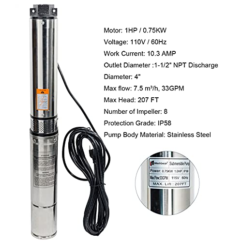 iMeshbean Deep Well Submersible Pump,1 hp, 115V, 60 Hz, 33 GPM, 207' Head, Stainless Steel, 4", 33 Feet Electric Cord, Long Life M#05