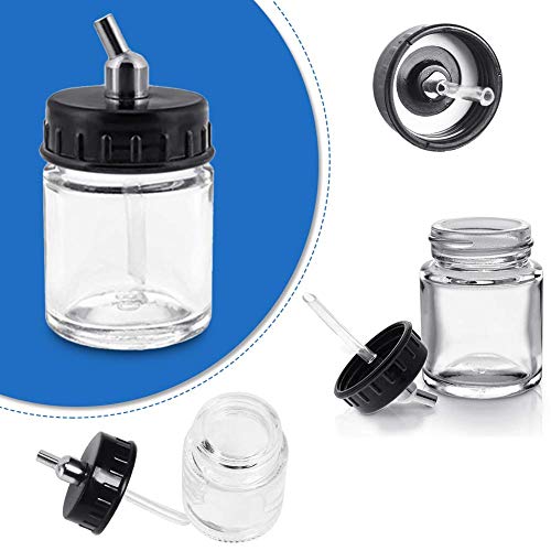 10pcs Glass Jar Airbrush Bottles Set 22cc Transparent Glass Bottle 5pcs AB02 5pcs AB03 Metal Connector with 30° 120°Down Angle Adaptor Lid Assembly Siphon Feed Airbrush, Use with Most airbrushes