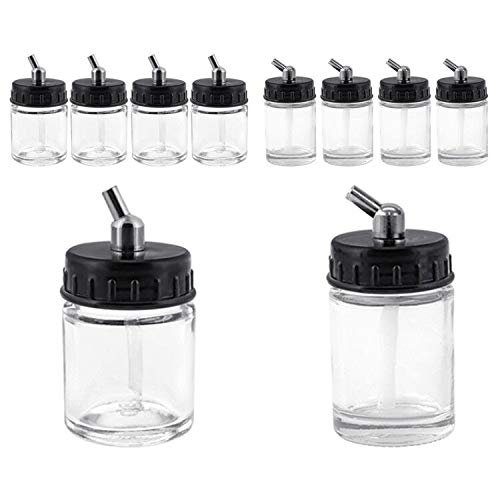 10pcs Glass Jar Airbrush Bottles Set 22cc Transparent Glass Bottle 5pcs AB02 5pcs AB03 Metal Connector with 30° 120°Down Angle Adaptor Lid Assembly Siphon Feed Airbrush, Use with Most airbrushes
