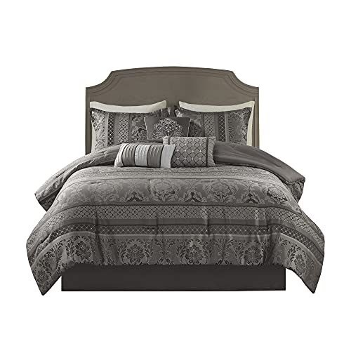 Madison Park Cozy Comforter Set-Luxurious Jaquard Traditional Damask Design All Season Down Alternative Bedding with Matching Shams, Decorative Pillow, California King (104 in x 92 in), Grey 7 Piece