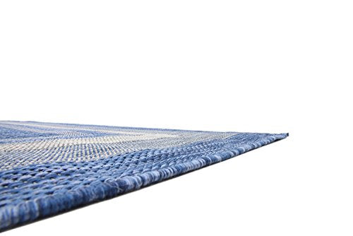 Unique Loom Outdoor Collection Transitional Indoor & Outdoor Casual Solid Tonal Border Area Rug, 7 x 10 ft, Blue/Beige