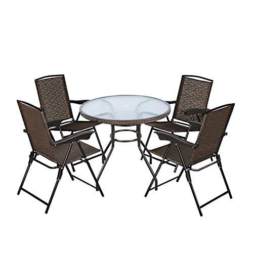 Goplus 5-Piece Bistro Set Outdoor Patio Furniture Weather Resistant Garden Round Table and 4 Folding Sling Chairs (4 Sling Chairs+Wicker Edge Table)
