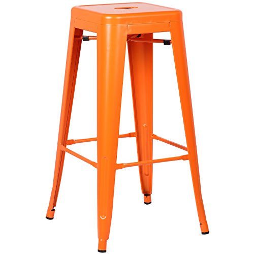 EdgeMod Trattoria 30 Inch Metal Bar Counter Stool, Industrial, Backless, Stackable in Orange (Set of 4)