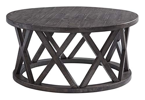 Signature Design by Ashley Sharzane Rustic Round Solid Wood Pine Coffee Table, Weathered Gray Finish