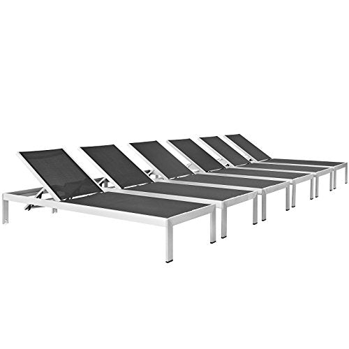 Modway Shore Aluminum Textilene Mesh Outdoor Patio Six Poolside Chaise Lounge Chairs in Silver Black