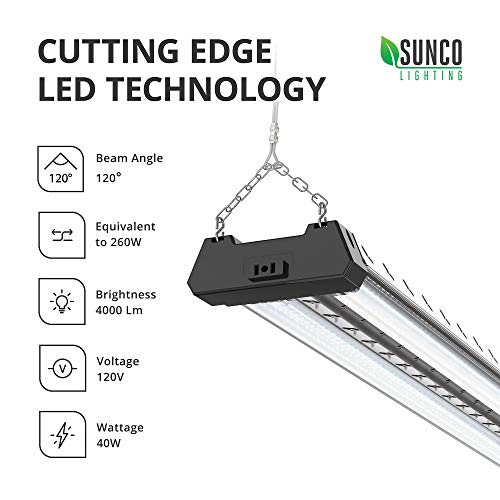 Sunco Lighting 12 Pack Industrial LED Shop Light, 4 FT, Linkable Integrated T8 Fixture, 40W=260W, 6000K Daylight Deluxe, 4000 LM, Surface + Suspension Mount, Pull Chain, Garage Light - Energy Star