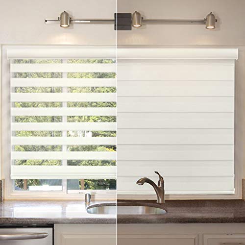 Chicology Free-Stop Cordless Zebra Roller Shades / Combi Blind Curtain Drape, Dual Layer, Sheer or Privacy - Striped Dove, 58"W X 72"H