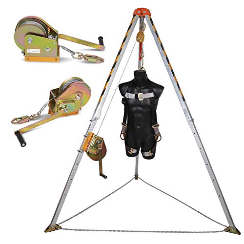 KSEIBI 423990 Aluminum Confined Space Tripod Kit Manhole Entry and Rescue Equipment Set with 65' Winch, Pulley, Carabiner, Fall Protection Safety Harness and Carrying Storage Bag