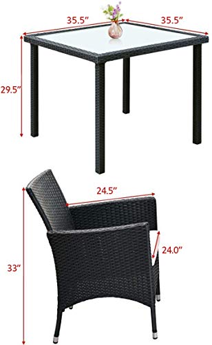 Tangkula 5PCS Patio Wicker Dining Set, Rattan Table  4Chairs Cushioned Seat w/ Removable Cushions Black