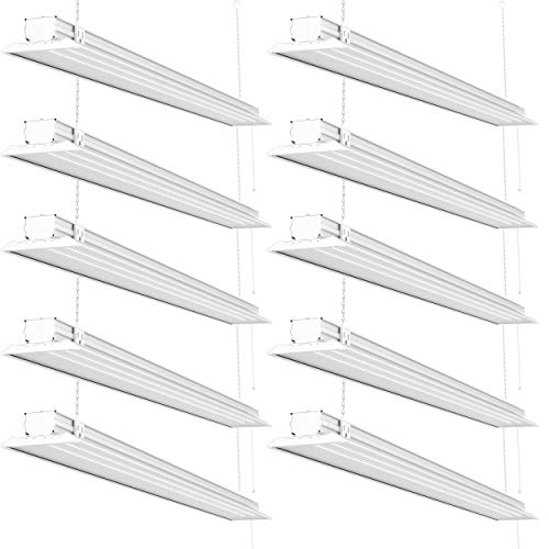 Sunco Lighting 10 Pack Flat LED Shop Light, 4 FT, Linkable Double Integrated LED, 40W=300W, 5000K Daylight, 4100 LM, Clear Lens, Plug in, Suspension Mount, Pull Chain, Garage - ETL, Energy Star