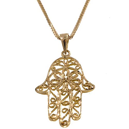 14K Yellow Gold Ornate Hamsa Necklace - 14K Solid Gold Delicate Jewish Pendant, Dainty Hand of Fatima Jewelry, Delicate Ethnic Handmade Necklace for Her - Unique Jewelry Gifts for Women