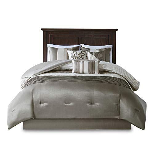 Madison Park Amherst Faux Silk Comforter Set-Casual Contemporary Design All Season Down Alternative Bedding, Matching Shams, Bedskirt, Decorative Pillows, Cal King(104"x92"), Natural, 7 Piece (MP10-123)