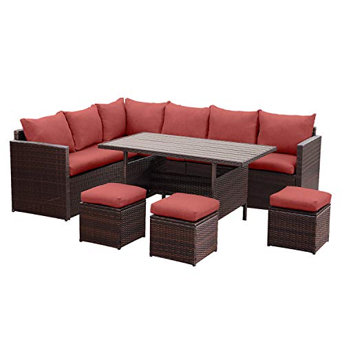 Wisteria Lane Patio Furniture Set,7 PCS Outdoor Conversation Set All Weather Wicker Sectional Sofa Couch Dining Table Chair with Ottoman, Wine Red