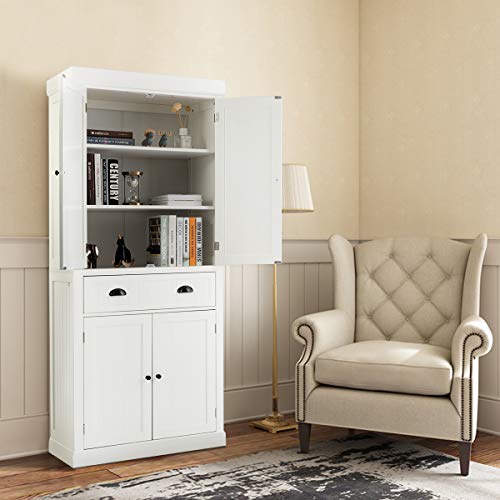 Tangkula 72‘’H Freestanding Kitchen Pantry Cupboard Cabinet, Traditional Elegant Design, w/Adjustable Shelves, 2-Door Floor Utility Storage Cabinet for Living Room Kitchen Hallway (White)