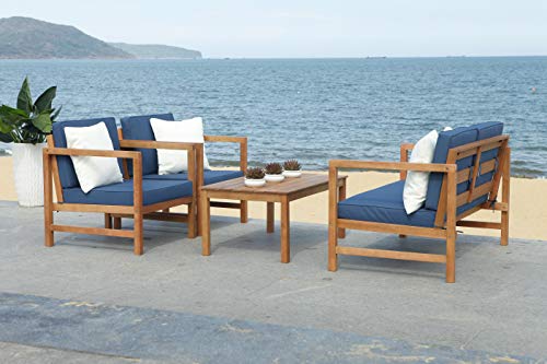 Safavieh PAT7030E Collection Montez Teak 4 Pc Accent Pillows Outdoor Set, Natural/Navy