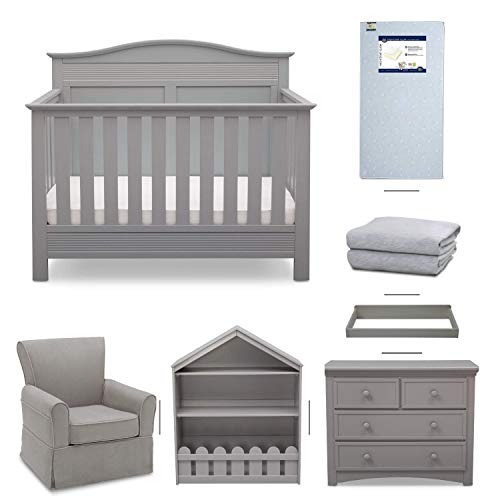 Serta Barrett 7-Piece Nursery Furniture Set - Convertible Crib, Dresser, Changing Top, Bookcase, Crib Mattress, Glider, Crib Sheets - Grey