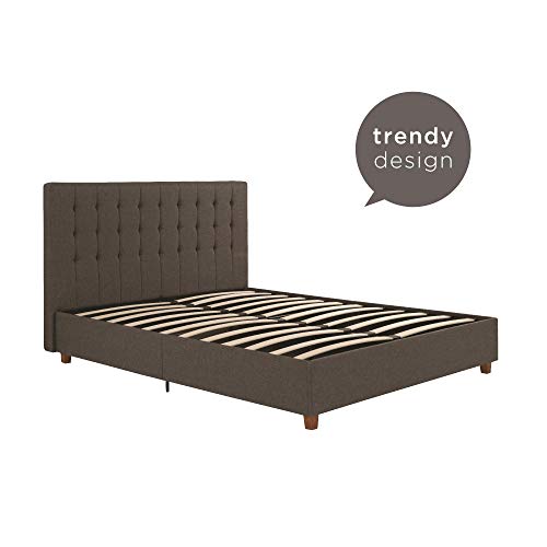 DHP Emily Upholstered Linen Platform Bed with Wooden Slat Support, Tufted Headboard, Queen Size - Grey