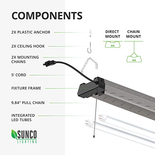 Sunco Lighting 12 Pack Industrial LED Shop Light, 4 FT, Linkable Integrated T8 Fixture, 40W=260W, 6000K Daylight Deluxe, 4000 LM, Surface + Suspension Mount, Pull Chain, Garage Light - Energy Star