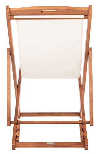 Safavieh PAT7040A-SET2 Outdoor Collection Loren Teak, White Foldable Sling Adirondack Chair, Natural/Navy Stripe