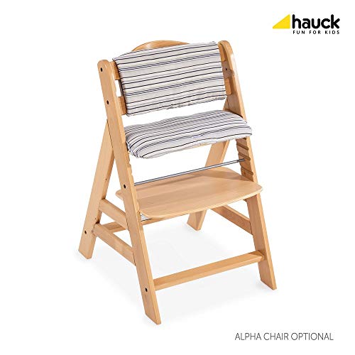 Hauck Alpha Wooden Height Adjustable Chair Bundle w/Seatpad, Natural Wood, Modern Design & Comfortable Feeding Chair. Compatible with Hauck Alpha Bouncer